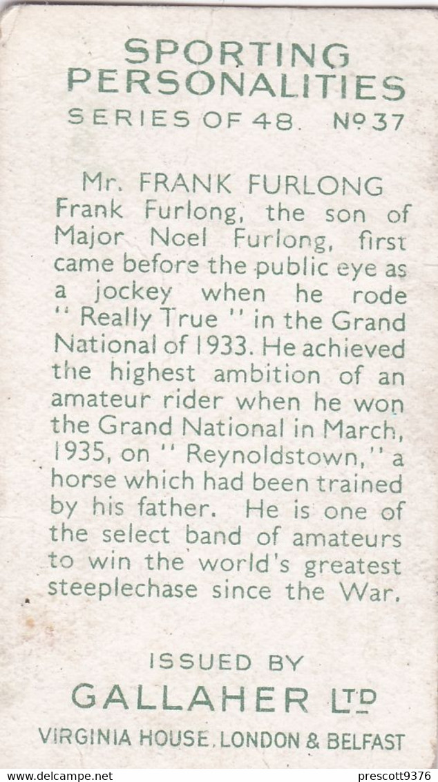 37 Frank Furlong  - Sporting Personalities 1936 - Gallaher Cigarette Card - Original - Sport -  Horse Racing - Gallaher