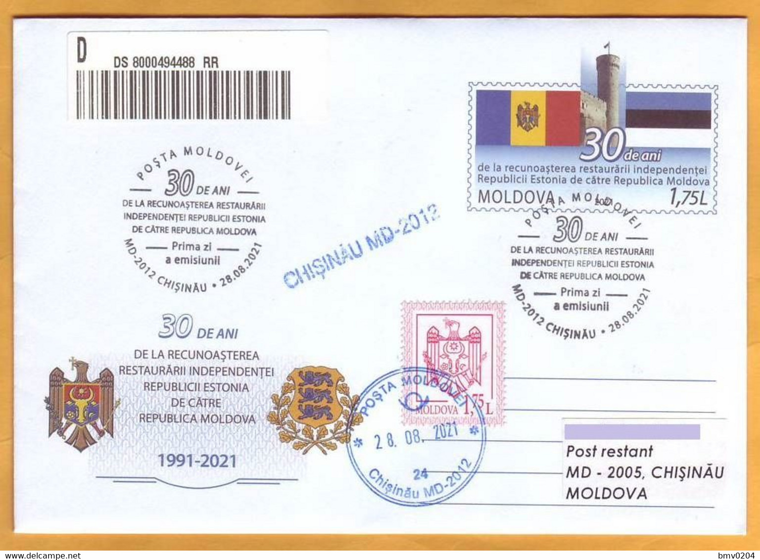 2021 Moldova Moldavie FDC 30 Recognition Of The Independence Of The Republic Of Estonie Cover - Moldawien (Moldau)