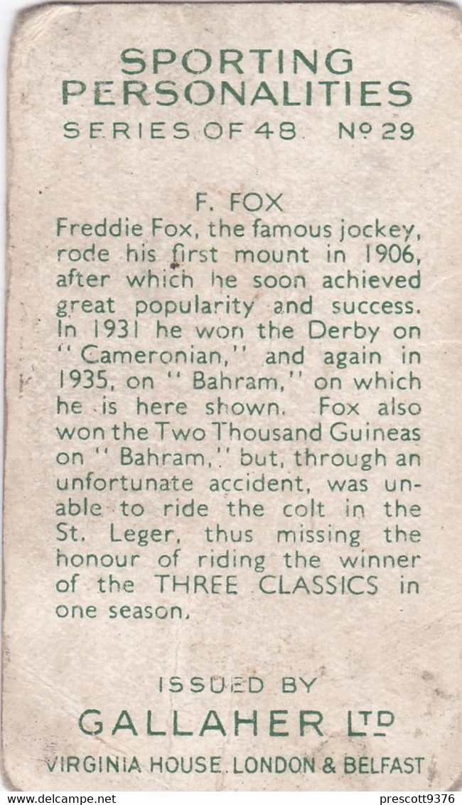 29 Freddie Fox - Sporting Personalities 1936 - Gallaher Cigarette Card - Original - Sport -  Horse Racing - Gallaher