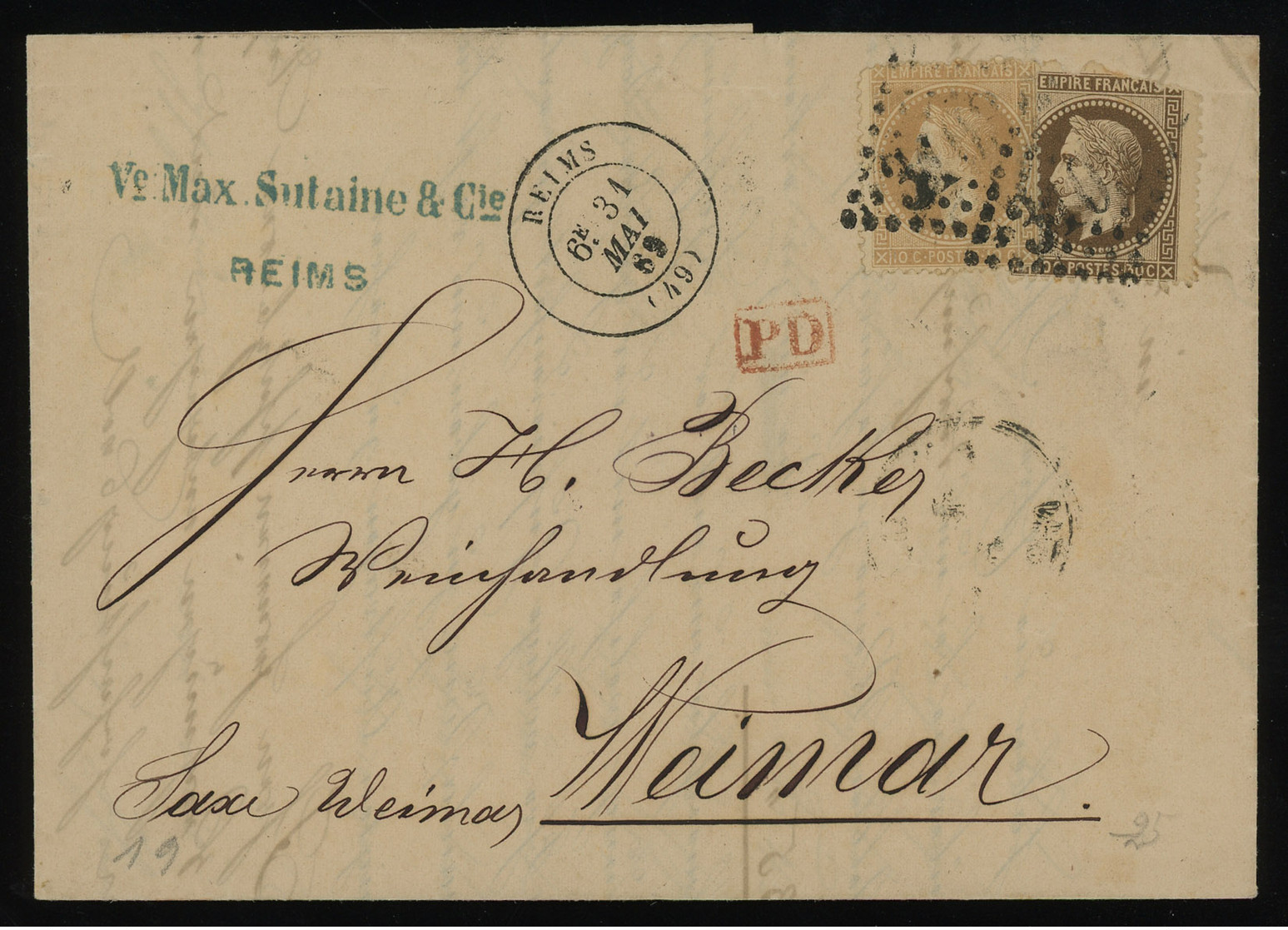 TREASURE HUNT [02013] France 1869 Cover From Reims, With Napoleon III 30c Brown+ 10c Bistre, Large Numerals "3103" Pmk. - 1863-1870 Napoleone III Con Gli Allori