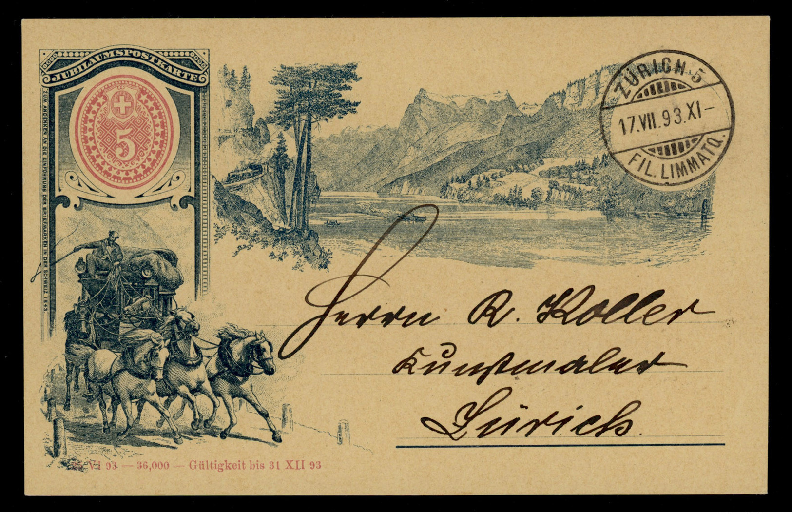 TREASURE HUNT [02073] Switzerland 1893 Ill. Post Card (Jubilaumspostkarte- Diligence Coach), Sent To Zürich, Clean C.d.s - Briefe U. Dokumente
