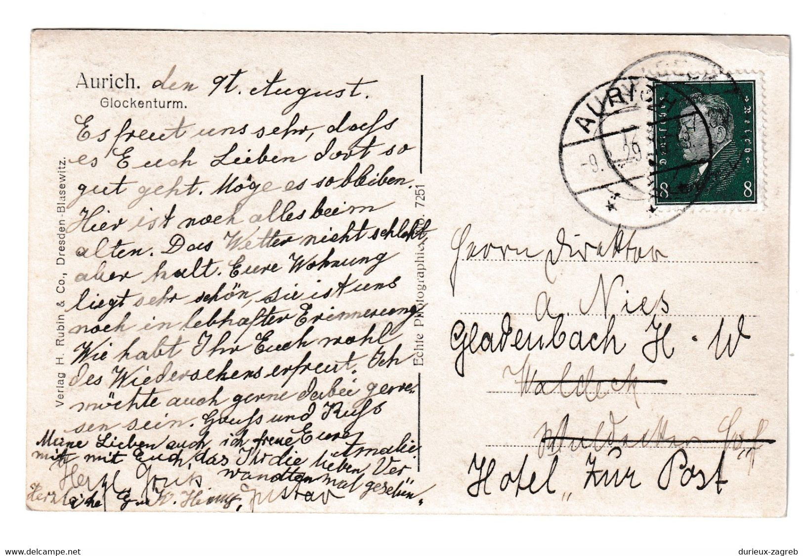 Aurich, Clock Tower Old Postcard Posted 1929 Aurich Pmk B210915 - Aurich