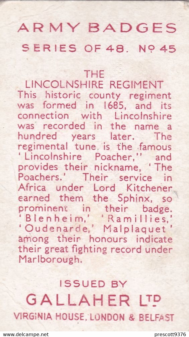 45 Lincolnshire Regt   - Army Badges 1939 - Gallaher Cigarette Card - Original - Military - Gallaher