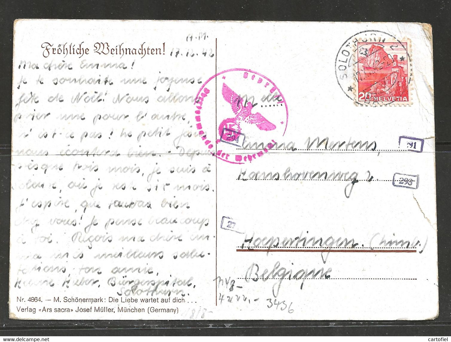 SOLOTHURN-HELVETIA-VERS-HOEPERTINGEN-1942-CARTE-POSTALE-ECRITE-CACHET-GEPRUFT-OBERCOMMANDO DER WEHRMACHT-2 SCANS - Guerra '40-'45 (Storia Postale)