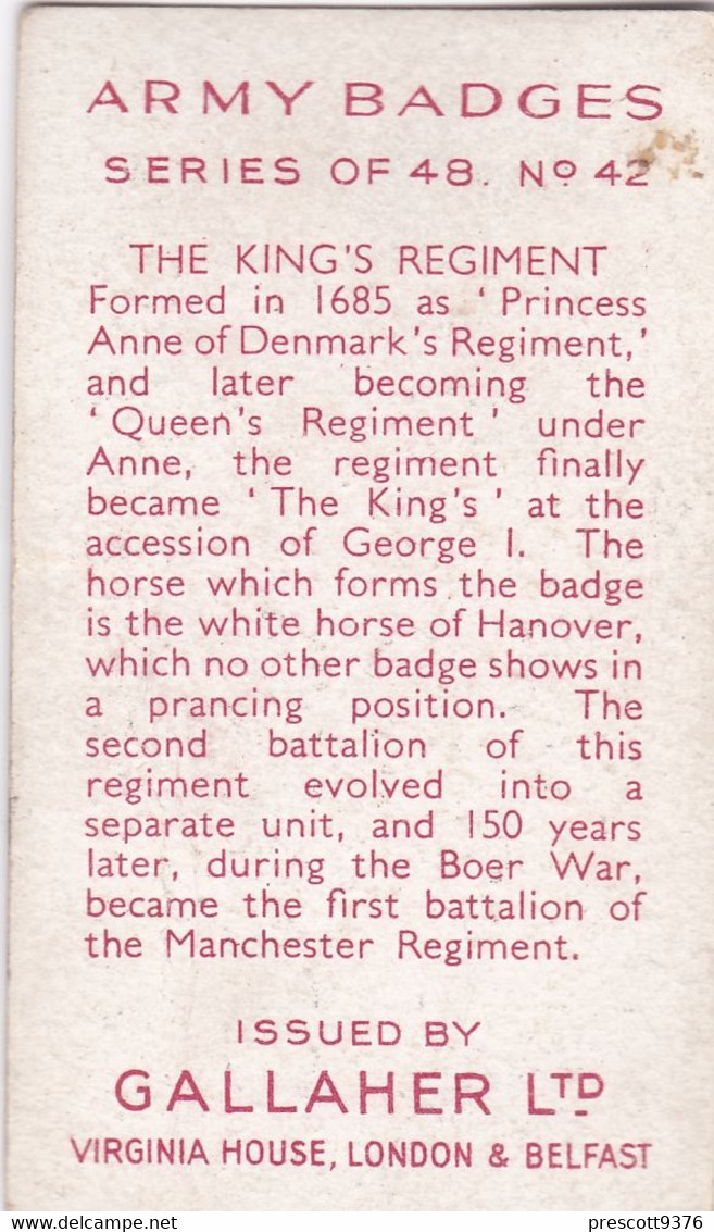 42 Kings Regt   - Army Badges 1939 - Gallaher Cigarette Card - Original - Military - Gallaher