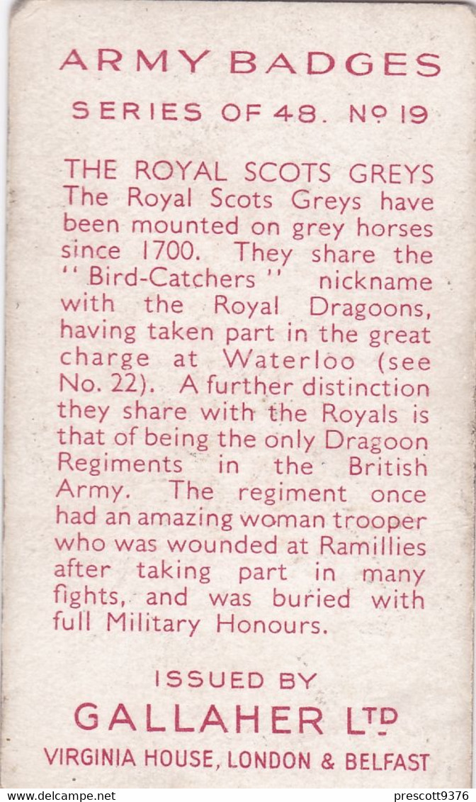19 The Royal Scots Greys   - Army Badges 1939 - Gallaher Cigarette Card - Original - Military - Gallaher