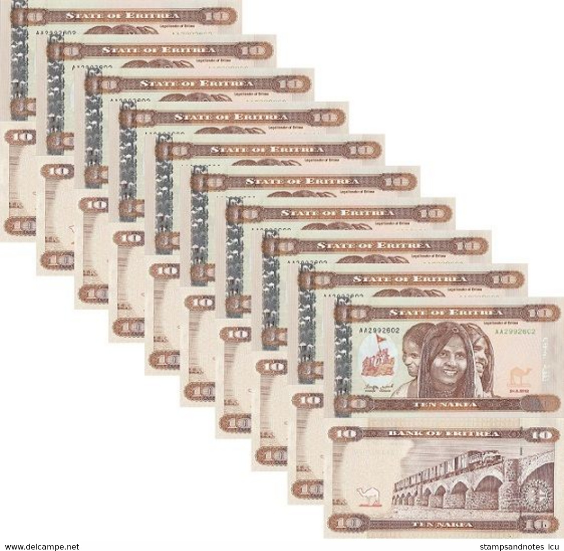 ERITREA 10 Nakfa 2012 P 11 UNC X 10 Banknotes - Eritrea