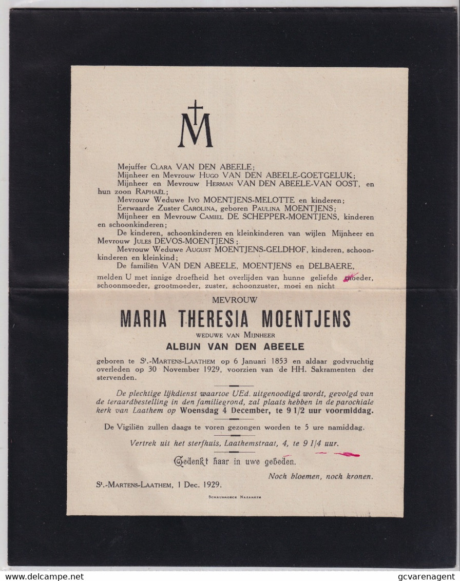 WED.KUNSTSCHILDER ALBIJN VAN DEN ABEELE - MARIA MOENTJES ST.MARTENS LATEM 1853    1929 - Obituary Notices