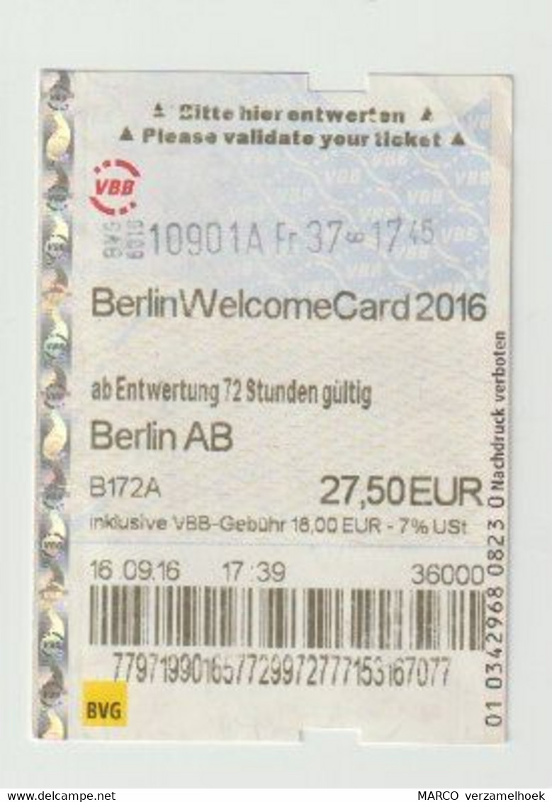 Carte D'entrée-toegangskaart-ticket: Berlin Welcome Card 2016 Berlin (D) - Europa