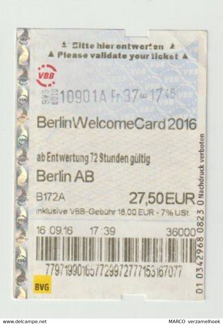 Carte D'entrée-toegangskaart-ticket: Berlin Welcome Card 2016 Berlin (D) - Europe