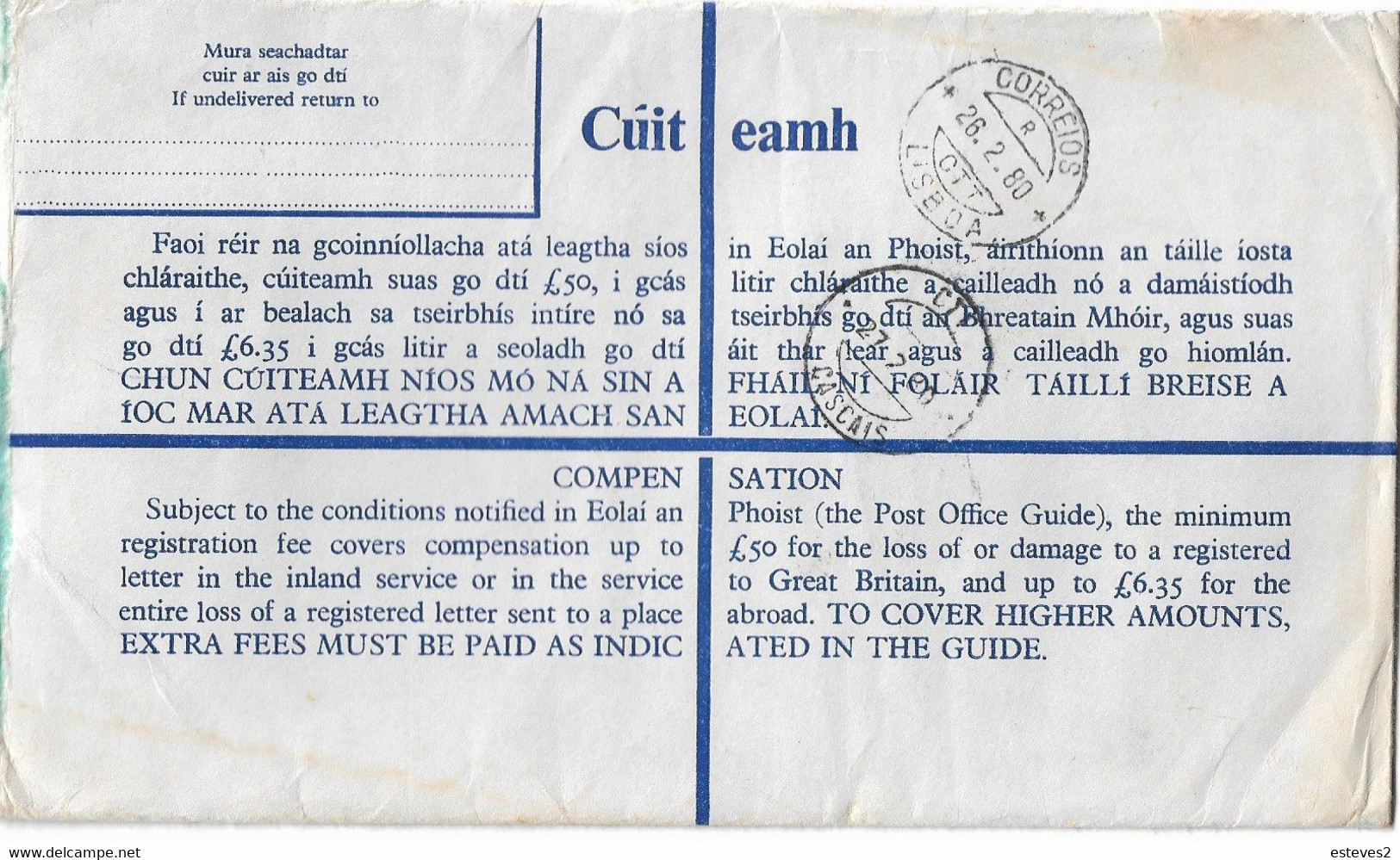 Ireland , Eire ,  1980 , Stationery 37 P ,  Registration Label Bray I , Sraid Mhor Bre Postmark , European Communities - Ganzsachen