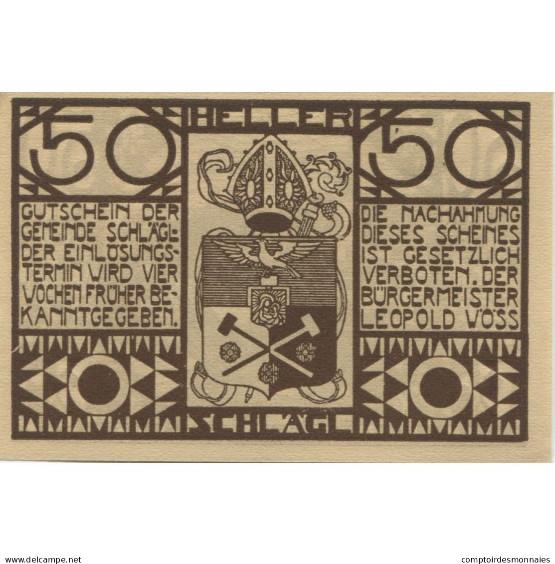 Billet, Autriche, Schlägl, 50 Heller, Eglise, SPL, Mehl:FS 960a - Austria