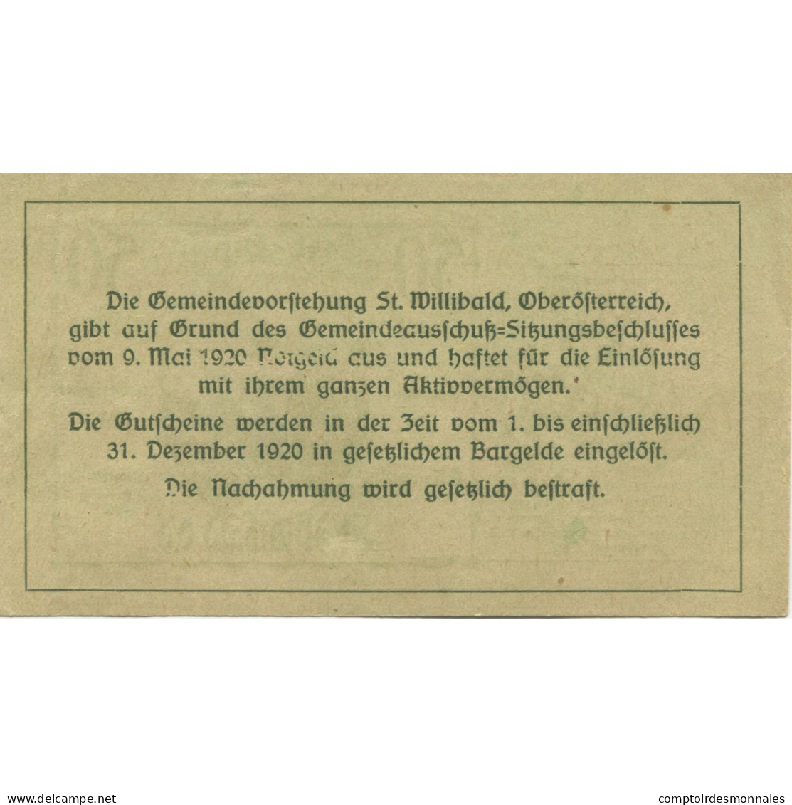 Billet, Autriche, Willibald, 50 Heller, Eglise 1920-12-31, SPL NMehl:FS 946Ad - Autriche