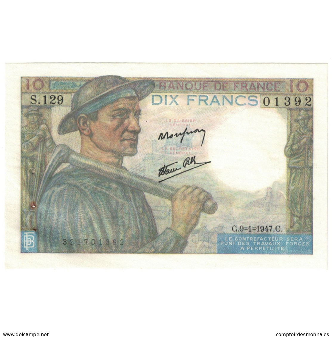 France, 10 Francs, 1947, 1947-01-09, SUP, Fayette:8.17, KM:99e - 10 F 1941-1949 ''Mineur''