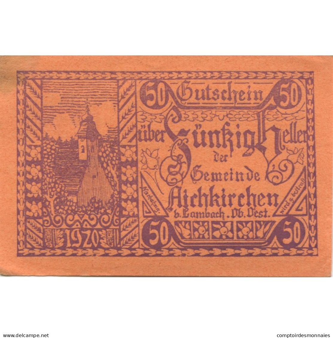 Billet, Autriche, Aichkirchen, 50 Heller, Eglise, 1921-01-31, SPL, Mehl:FS 11a - Austria