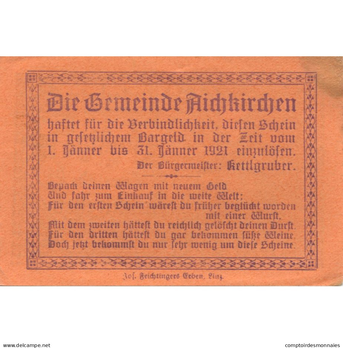 Billet, Autriche, Aichkirchen, 50 Heller, Eglise, 1921-01-31, SPL, Mehl:FS 11a - Austria