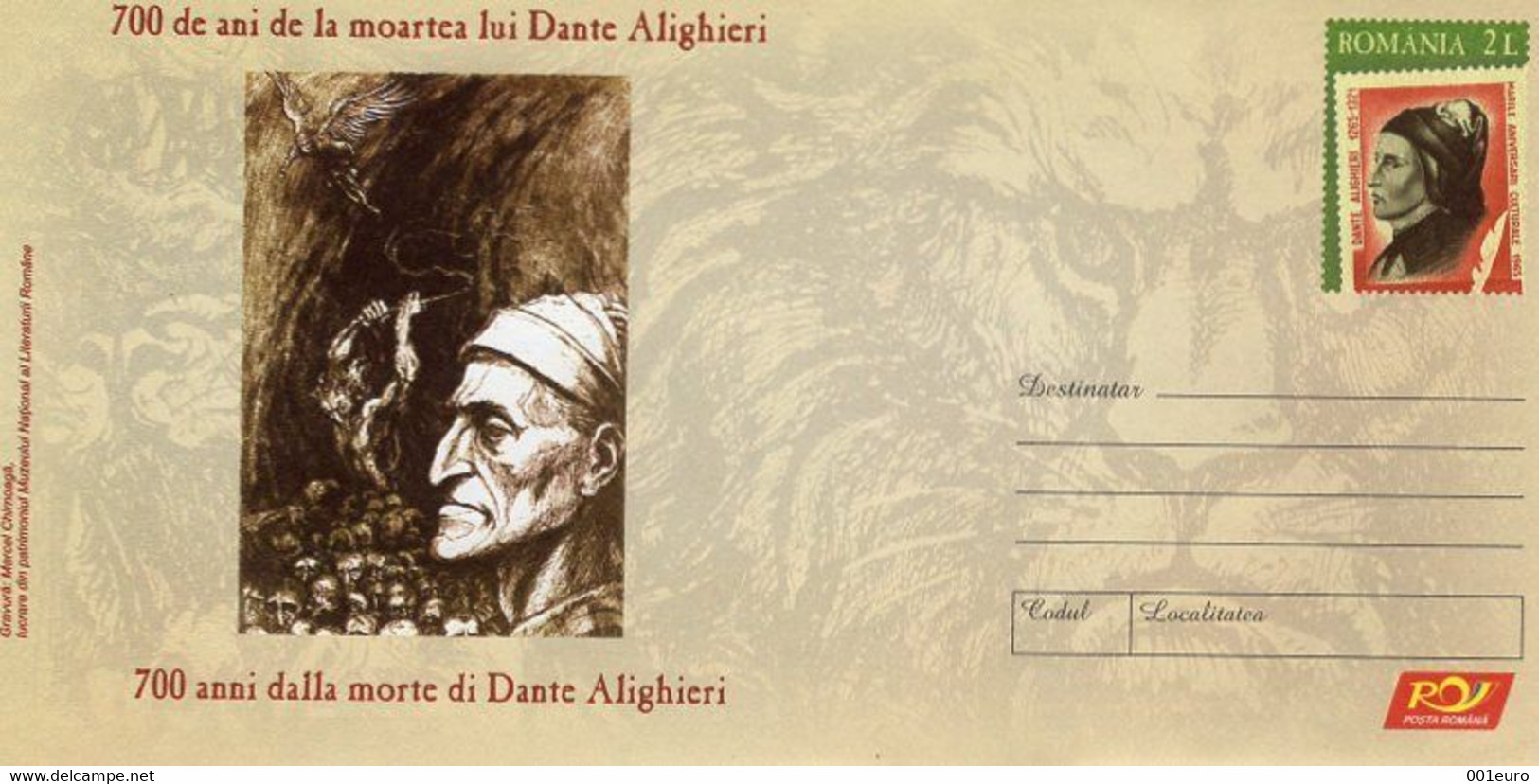 ROMANIA 2021: DANTE ALIGHIERI - 700 YEARS Unused Prepaid Cover 037/2021 - Registered Shipping! - Postal Stationery