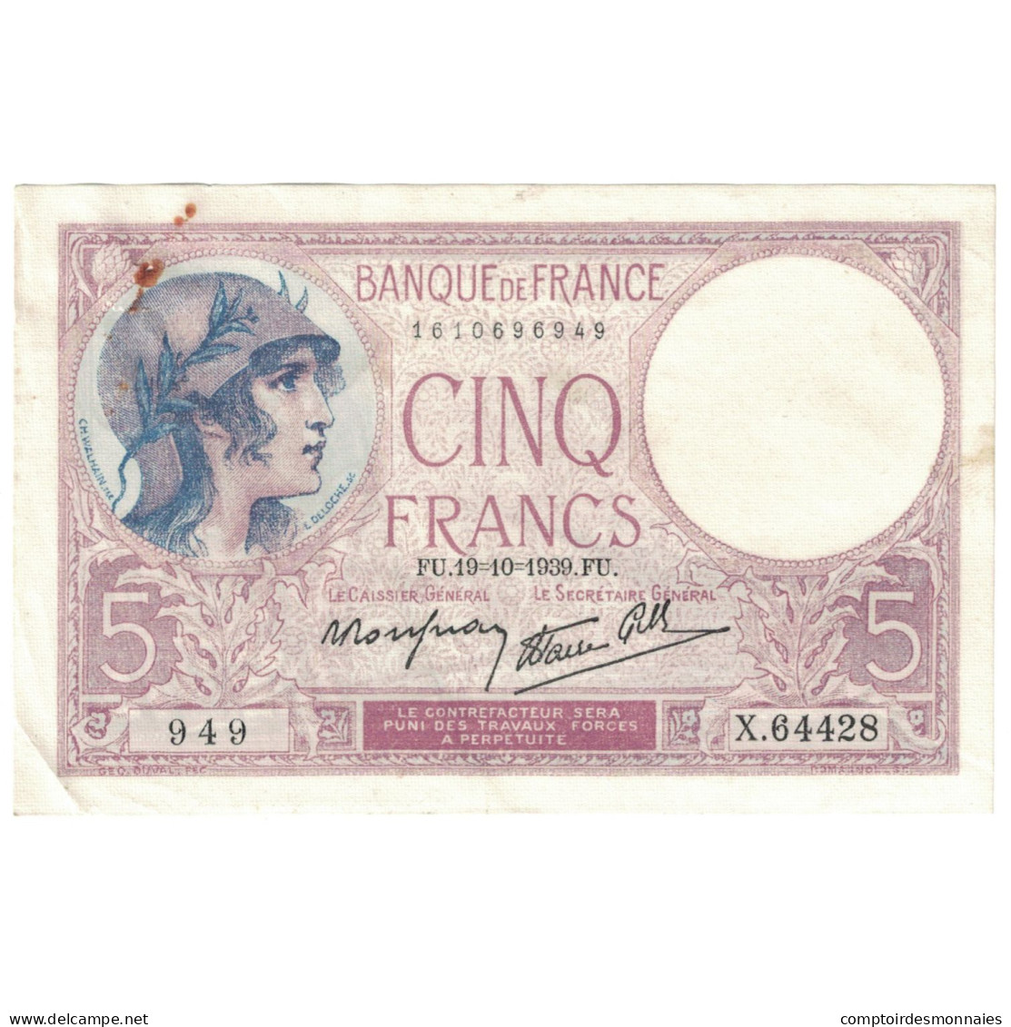 France, 5 Francs, 1939, 1939-10-19, TTB, Fayette:4.12, KM:83 - 5 F 1917-1940 ''Violet''