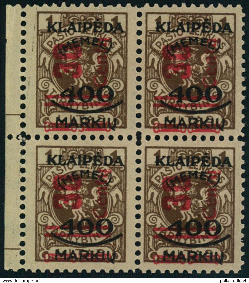 1923, Freimarke 30 C Auf 400 M Auf 1 L Im Postfrischen Viererblock Vom Rand. Geprüft Petersen BPP. (Michel 320,- +) - Klaipeda 1923