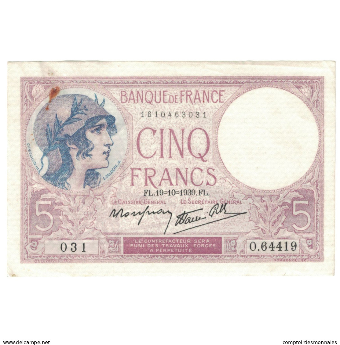 France, 5 Francs, 1939, 1939-11-02, TTB, Fayette:4.14, KM:83 - 5 F 1917-1940 ''Violet''