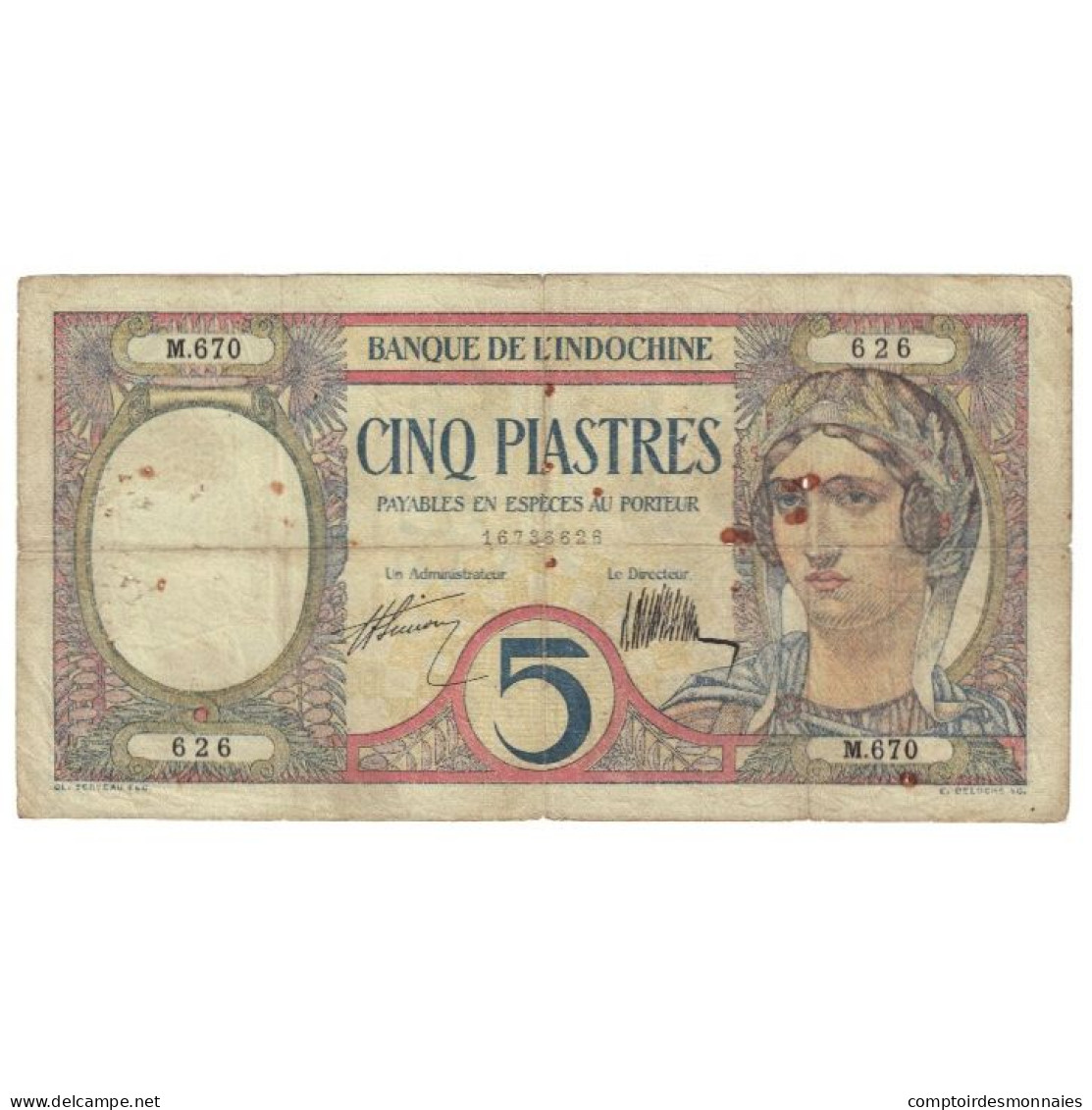 Billet, FRENCH INDO-CHINA, 5 Piastres, 1927, KM:49b, TB - Indochine