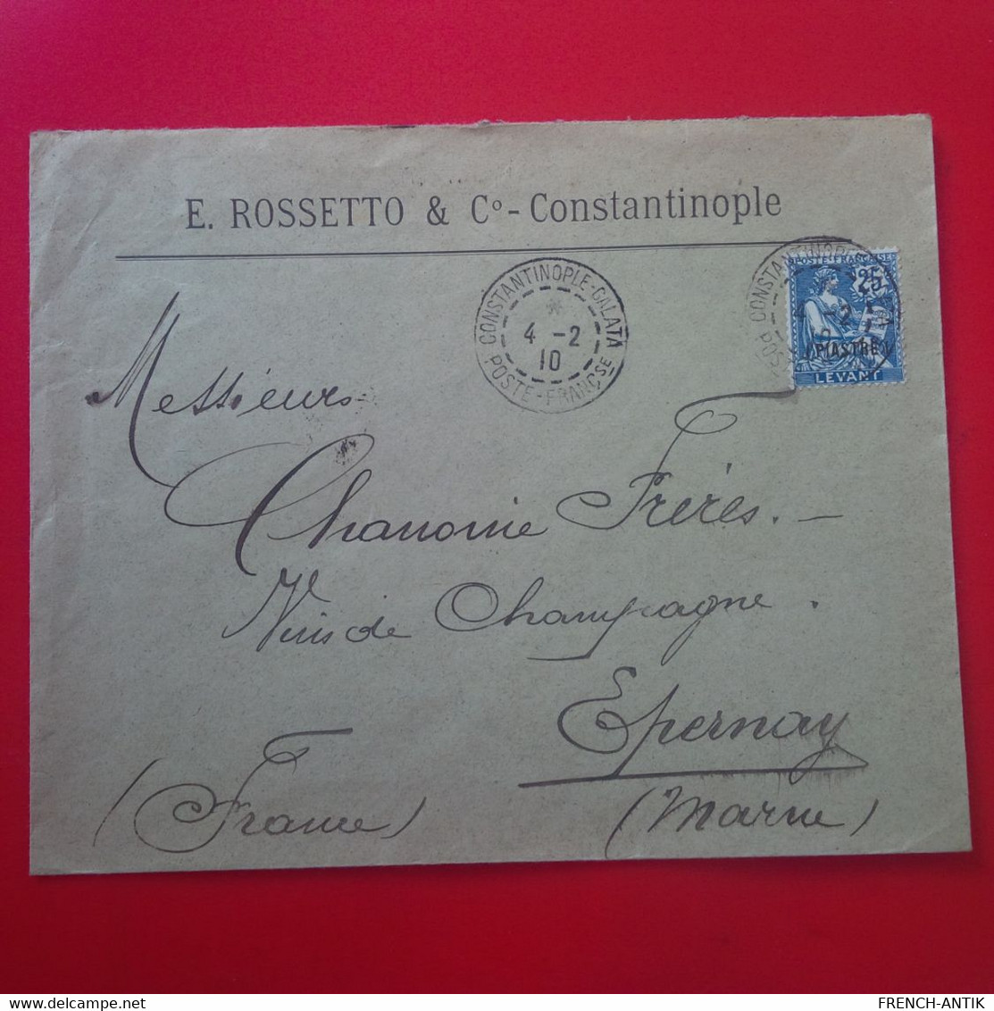 LETTRE CONSTANTINOPLE ROSSETTO 1910 TIMBRE LEVANT SURCHARGE 1 PIASTRE - Covers & Documents