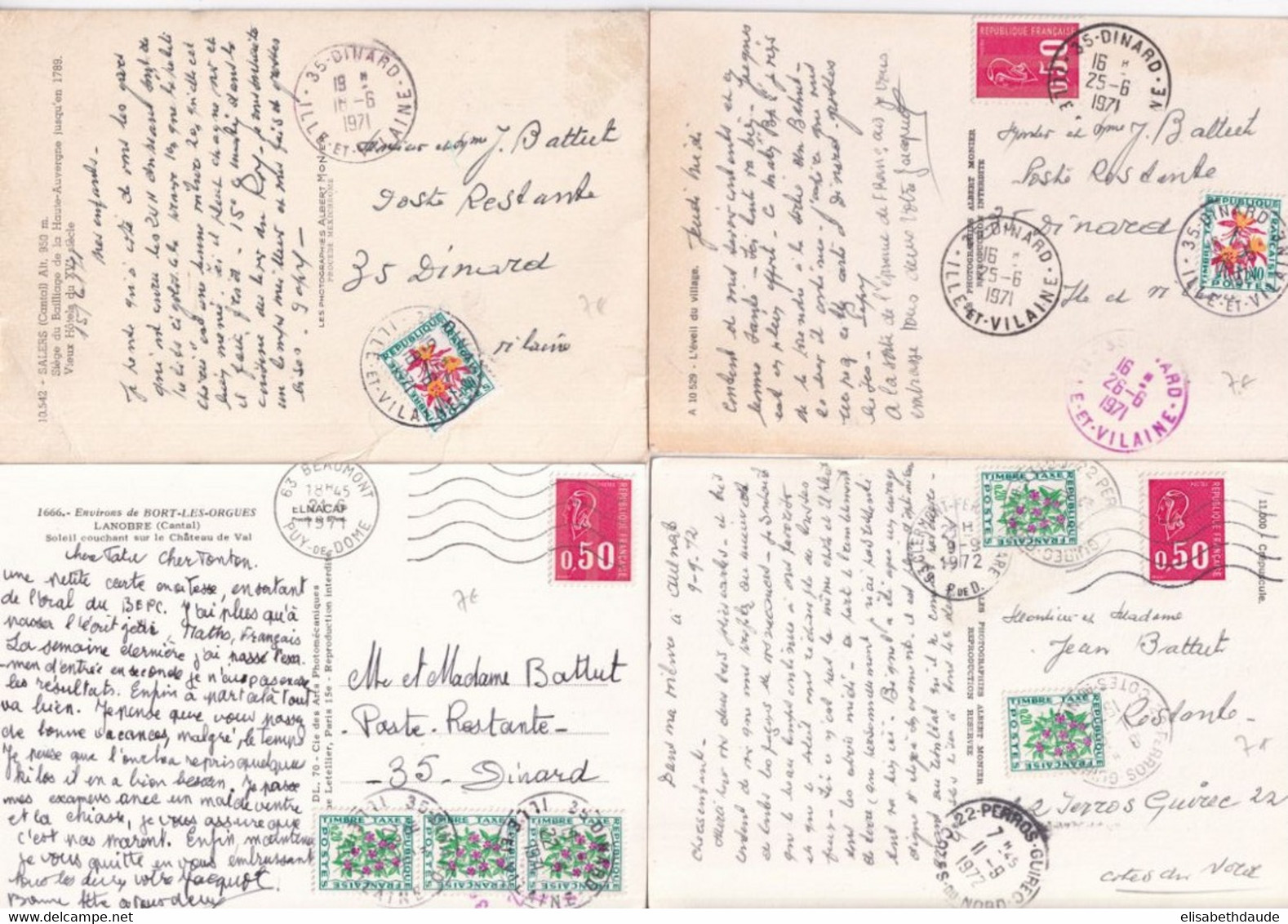 1971/1972 - BEQUET / TAXE FLEURS ! Sur 4 CARTES => POSTE RESTANTE De DINARD (ILLE ET VILAINE) Dont UN CACHET ROUGE ! - 1960-.... Briefe & Dokumente