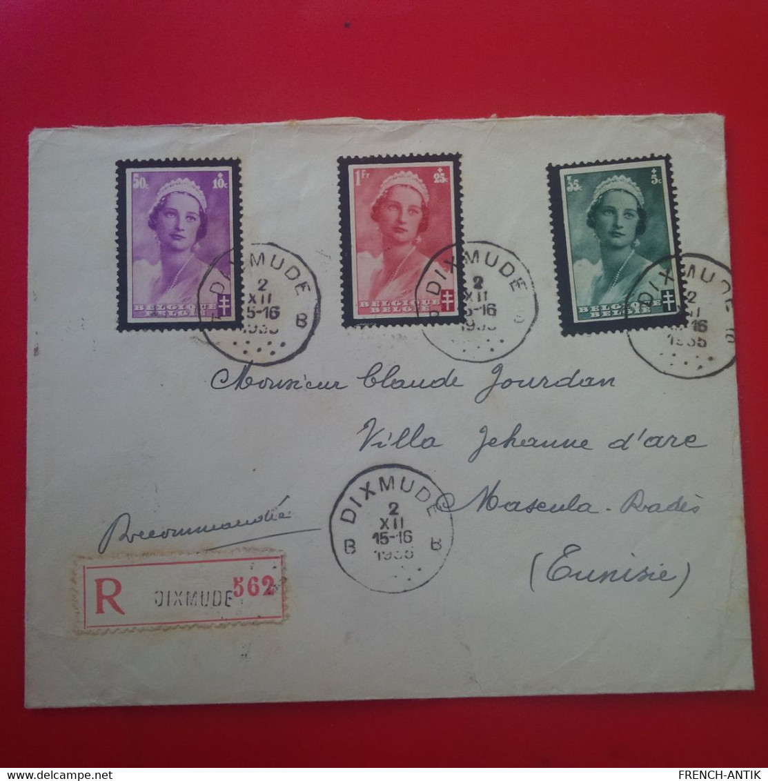 LETTRE RECOMMANDE DIXMUDE POUR TUNISIE 1935 - Storia Postale
