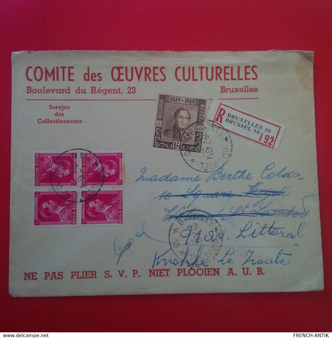 LETTRE RECOMMANDE BRUXELLES COMITE DES OEUAVRES CULTURELLES - Cartas & Documentos