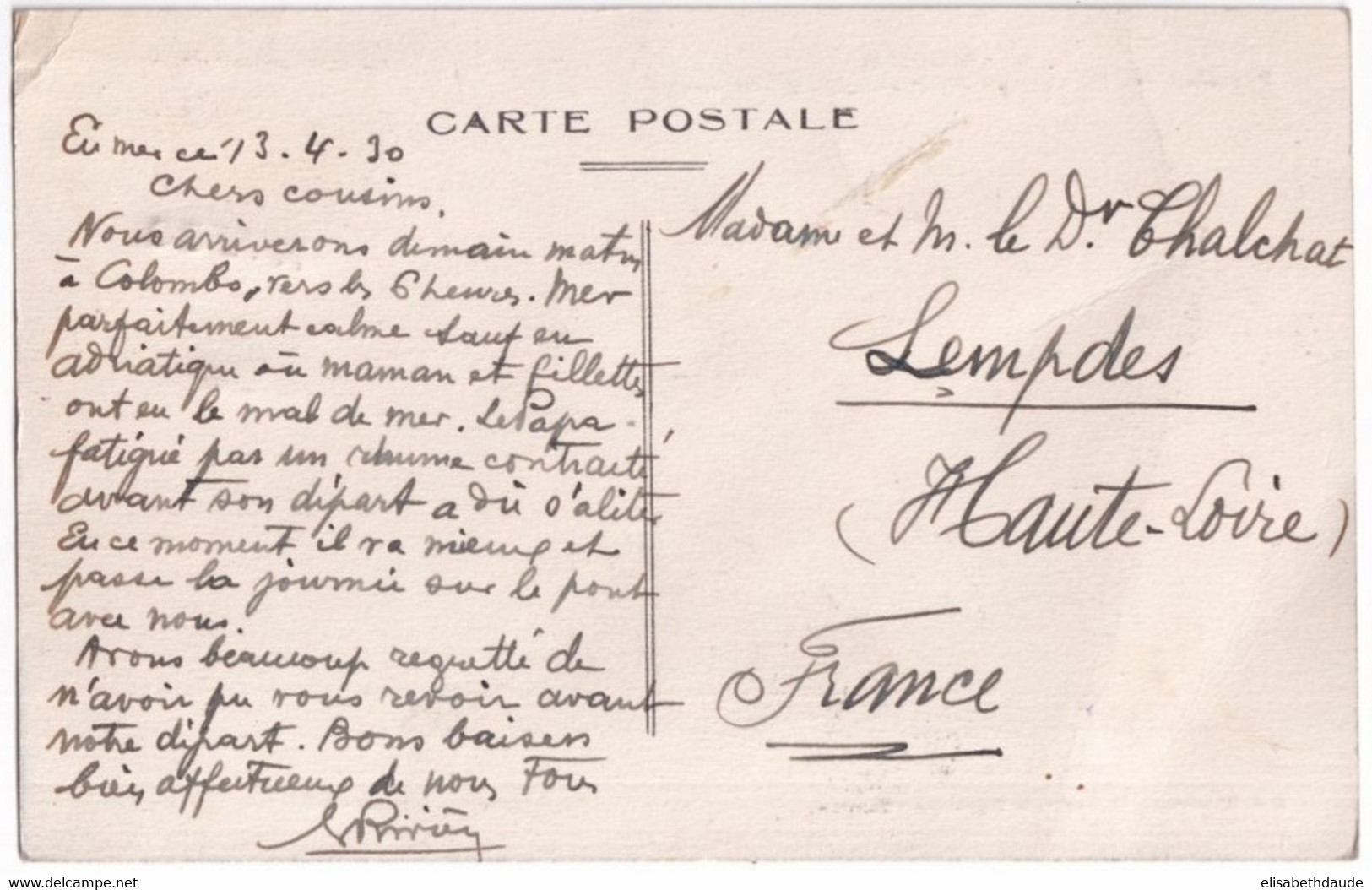 1930 - PUB SEMEUSE "CIGARETTES GITANES" + OBLIT. MARITIME "PAQUEBOT AMBOISE" Sur CP POSTEE En MER à DESTINATION COLOMBO - Covers & Documents