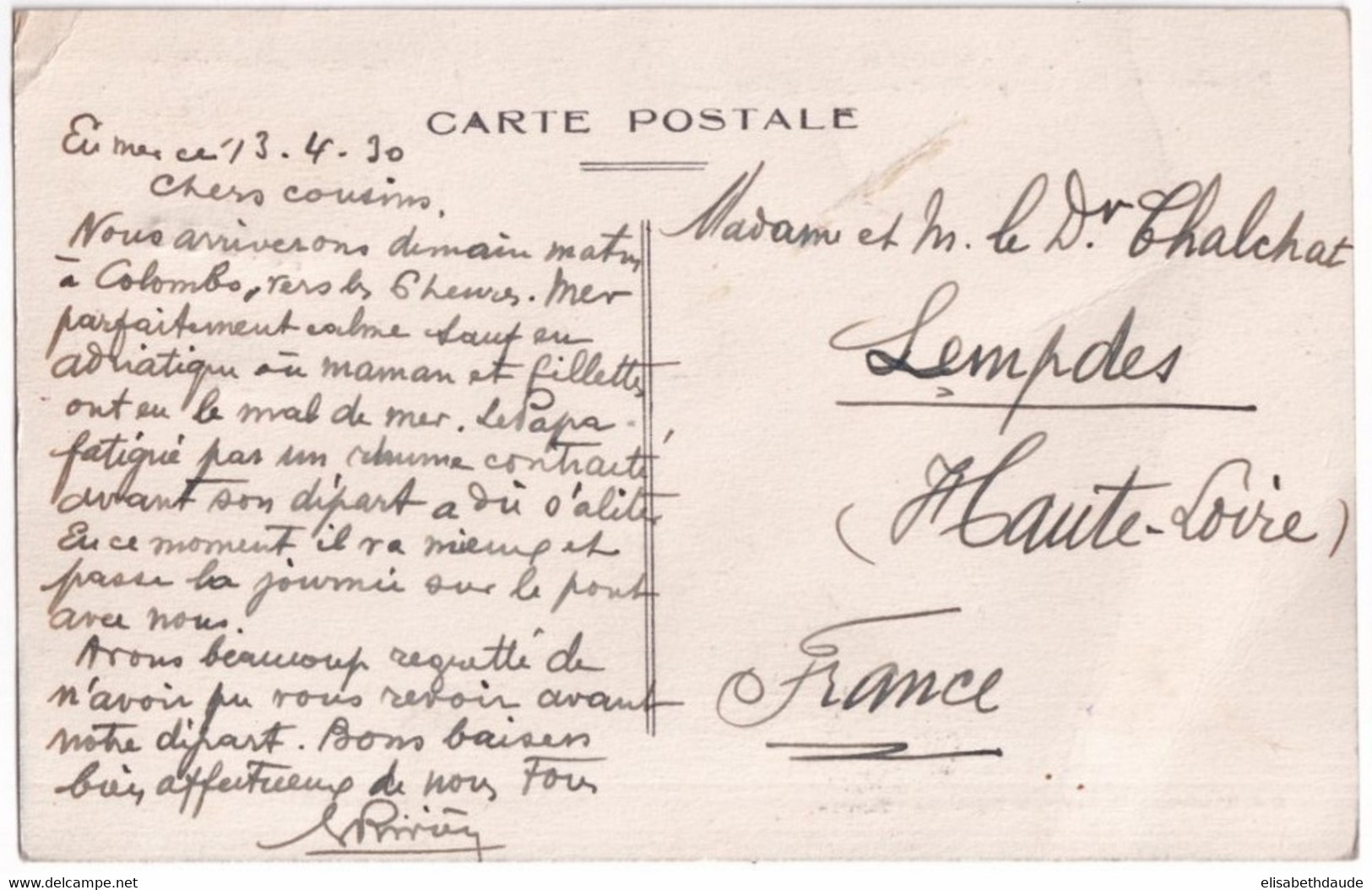 1930 - PUB SEMEUSE "CIGARETTES GITANES" + OBLIT. MARITIME "PAQUEBOT AMBOISE" Sur CP POSTEE En MER à DESTINATION COLOMBO - Cartas & Documentos