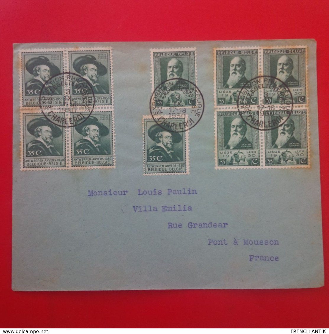 LETTRE CHARLEROI POUR PONT A MOUSSON 1930 ACCUMULATION DE TIMBRES - Storia Postale