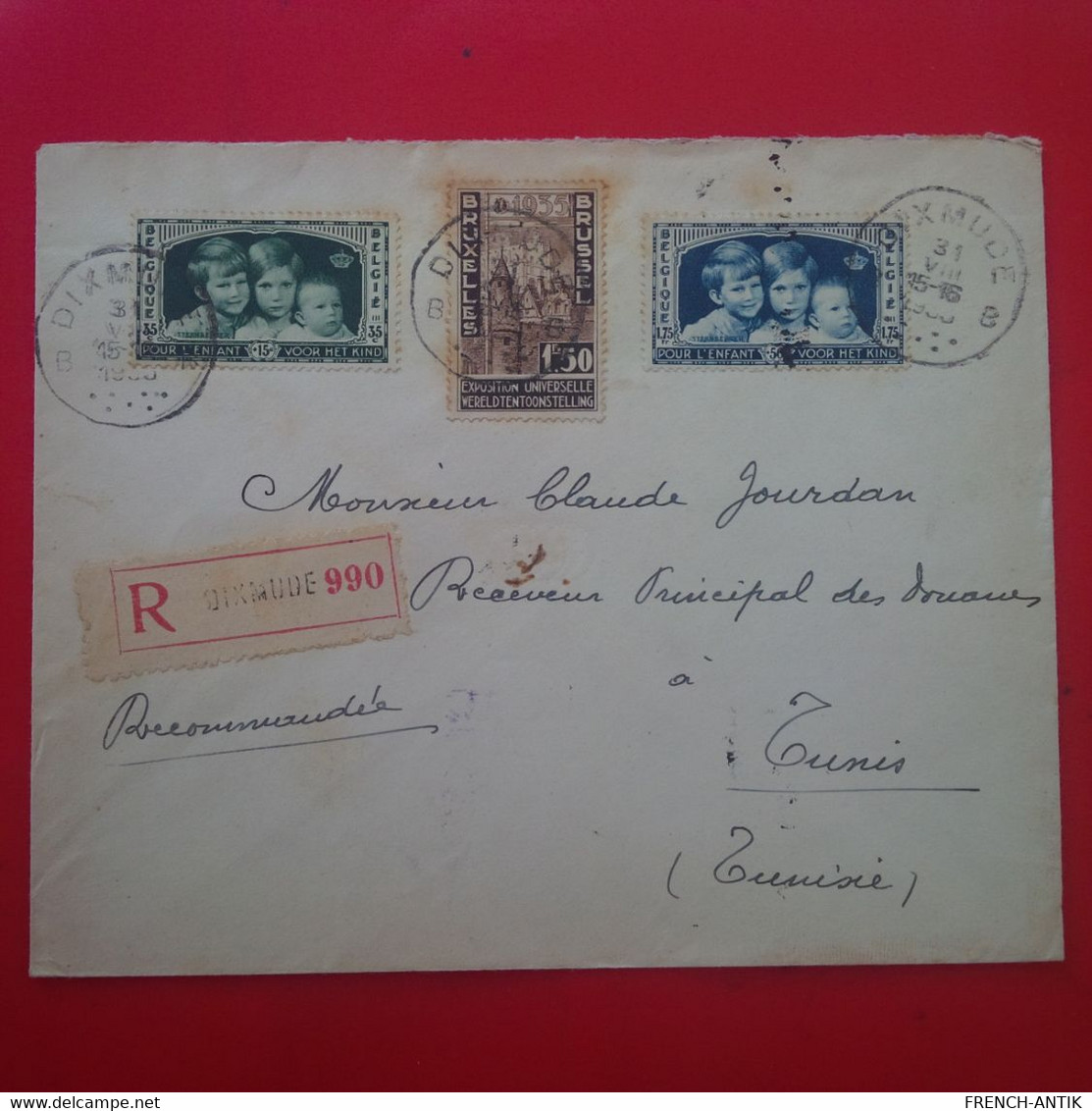 LETTRE RECOMMANDE DIXMUDE POUR TUNIS DOUANES 1935 - Covers & Documents