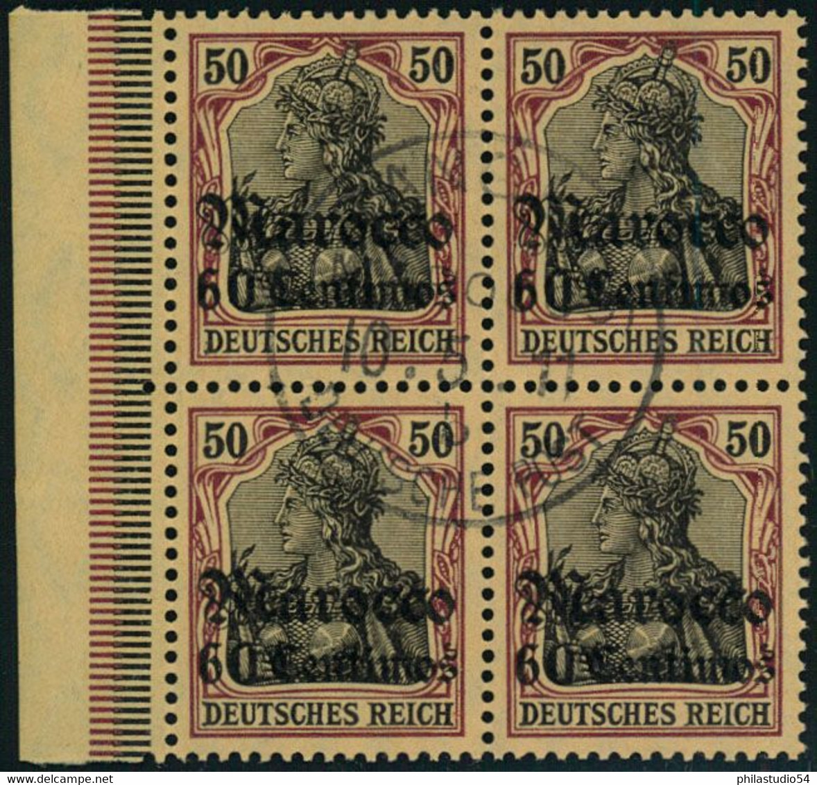 1911, 60 Centimes Auf 50 Pfg. Germania Im Viererblock Mit Seltenem Stempel TANGER MAROCCO. - Marokko (kantoren)