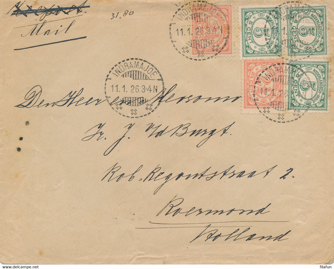 Nederlands Indië - 1926 - 5 Zegels Op Cover Per Mail Van LB Indramajoe Naar Roermond / Nederland - Indie Olandesi