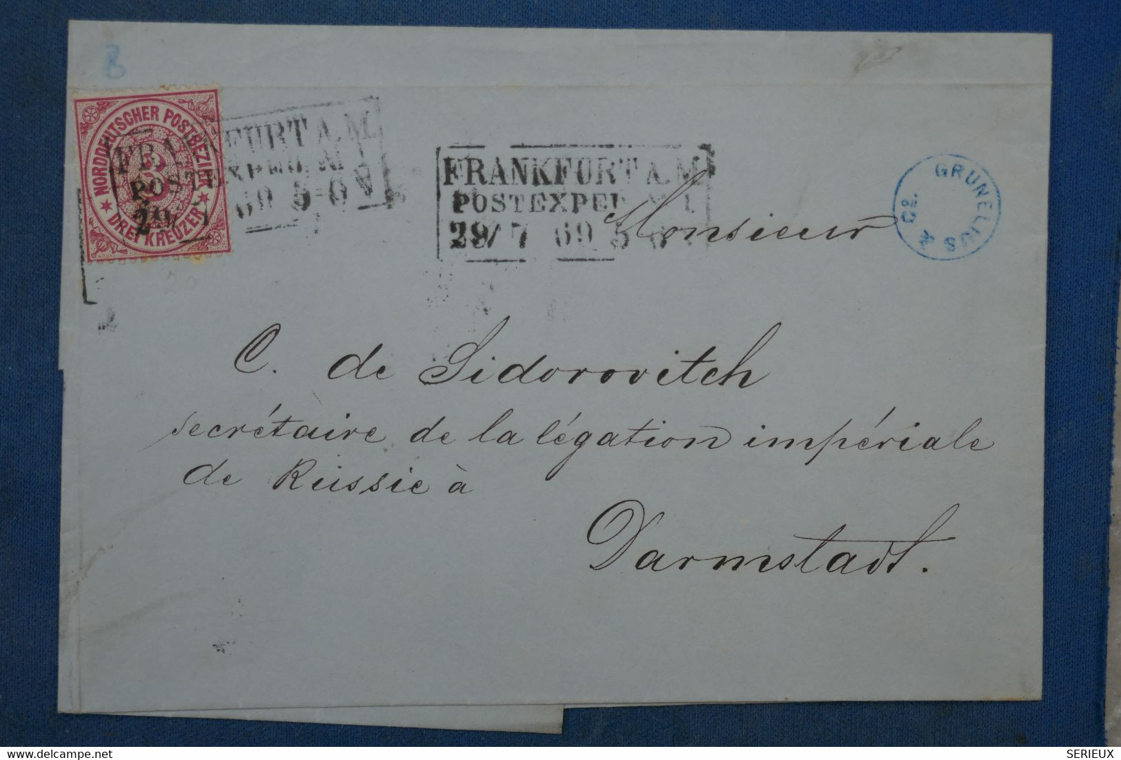 AA16 CONFEDERATION  ALLEMAGNE NORD   BELLE  LETTRE    1869 FRANKFURT    DARMSTADT  + 3 KREUZER   + AFFRANCH. INTERESSANT - Brieven En Documenten