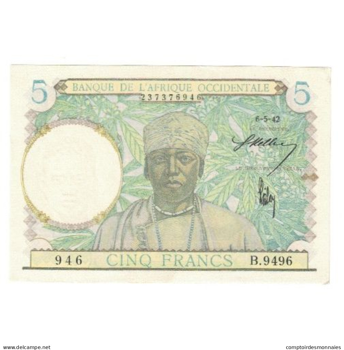 Billet, French West Africa, 5 Francs, 1942, 1942-05-06, KM:25, SUP - West African States