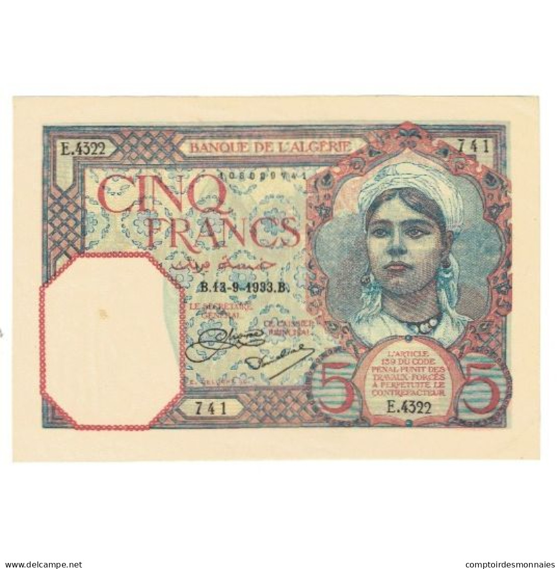 Billet, Algeria, 5 Francs, 1933, 1933-09-13, KM:77a, TTB - Algérie