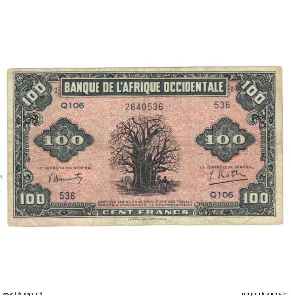 Billet, French West Africa, 100 Francs, 1942, 1942-12-14, KM:31a, TTB - West-Afrikaanse Staten