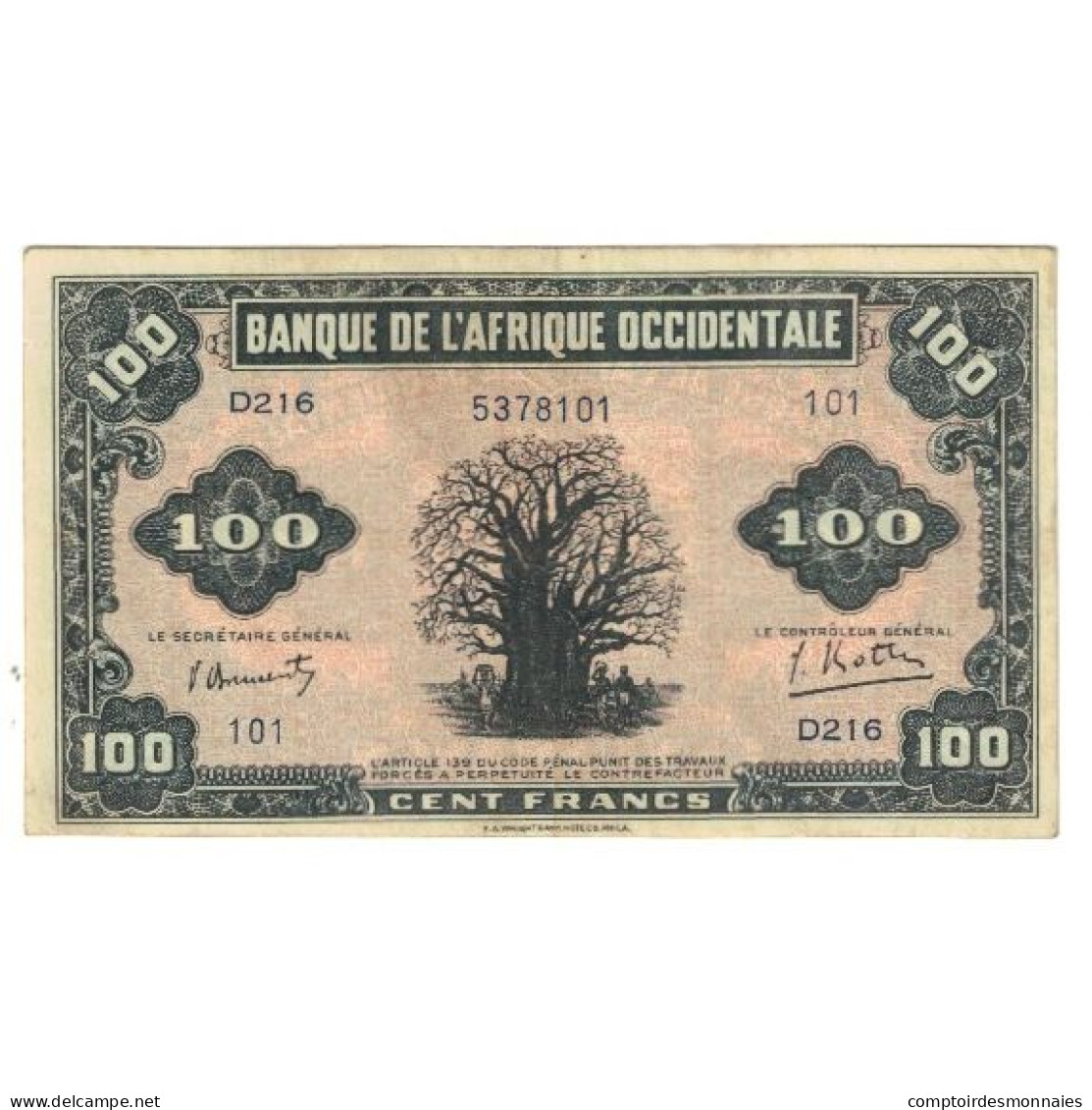 Billet, French West Africa, 100 Francs, 1942, 1942-12-14, KM:31a, TTB - West-Afrikaanse Staten