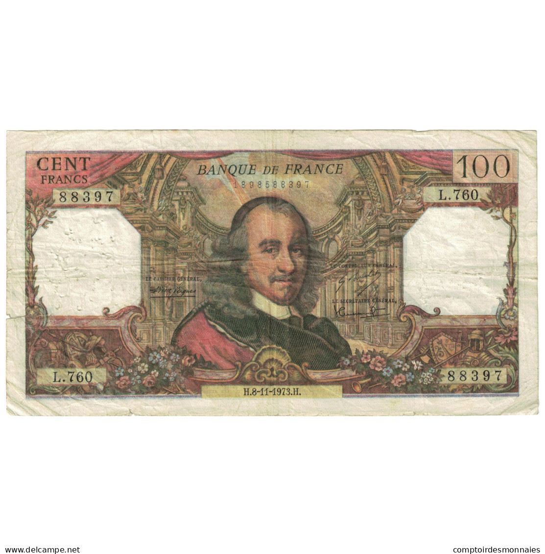 France, 100 Francs, 1973, 1973-11-08, B, Fayette:65.44, KM:149d - 100 F 1964-1979 ''Corneille''