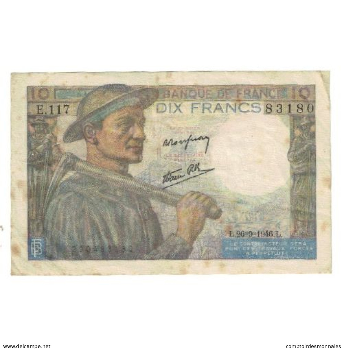 France, 10 Francs, Mineur, 1946, P. Rousseau And R. Favre-Gilly, 1946-09-26, TB - 10 F 1941-1949 ''Mineur''