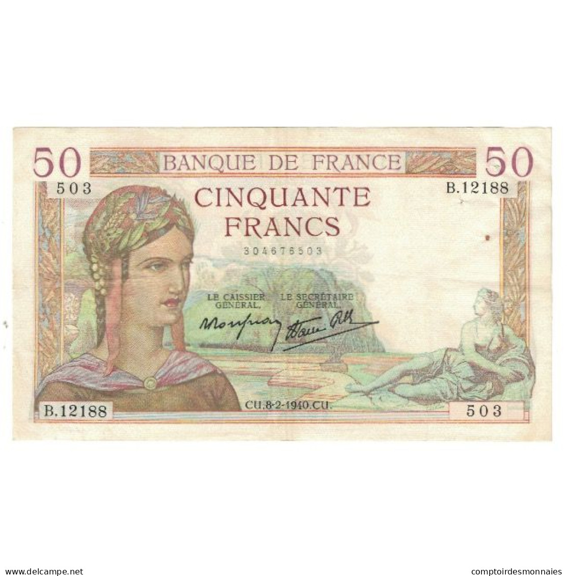 France, 50 Francs, Cérès, 1940, P. Rousseau And R. Favre-Gilly, 1940-02-08 - 50 F 1934-1940 ''Cérès''