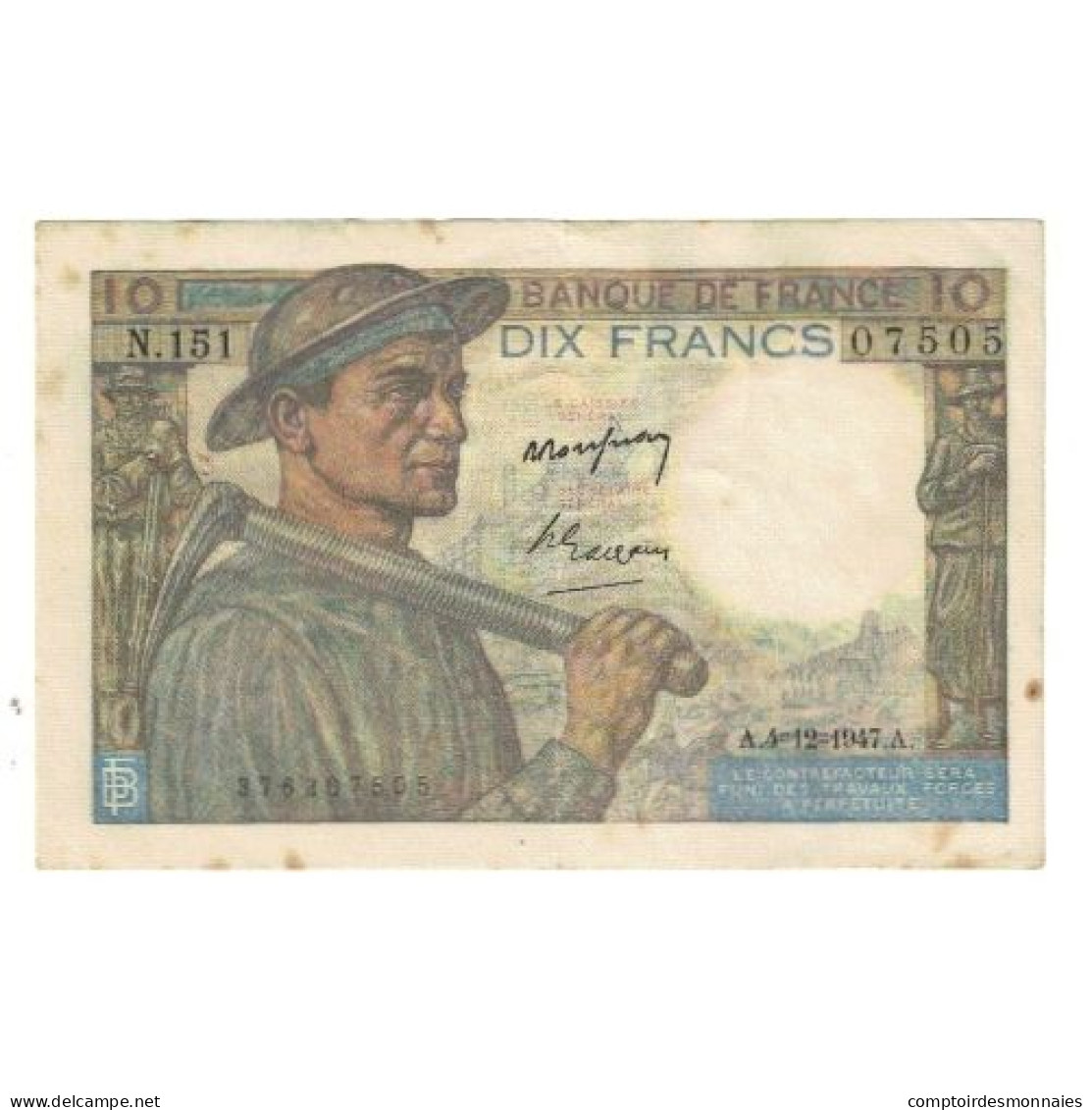 France, 10 Francs, Mineur, 1947, P. Rousseau And R. Favre-Gilly, 1947-12-04, TB - 10 F 1941-1949 ''Mineur''