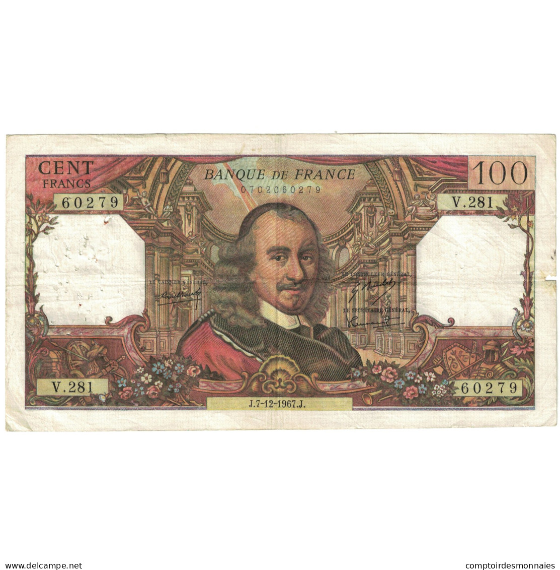 France, 100 Francs, 1967, 1967-12-07, B, Fayette:65.19, KM:149c - 100 F 1964-1979 ''Corneille''