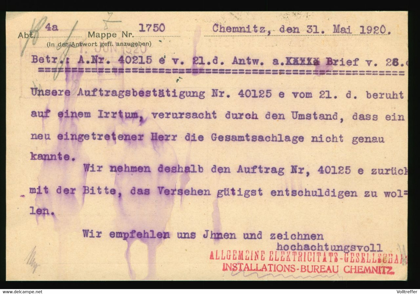 Heimatbeleg 1920 Allgemeine Elektrizitäts Gesellschaft Bureau Chemnitz Theaterstr. 34 Nach Spinnerei Mittweida - Lettres & Documents