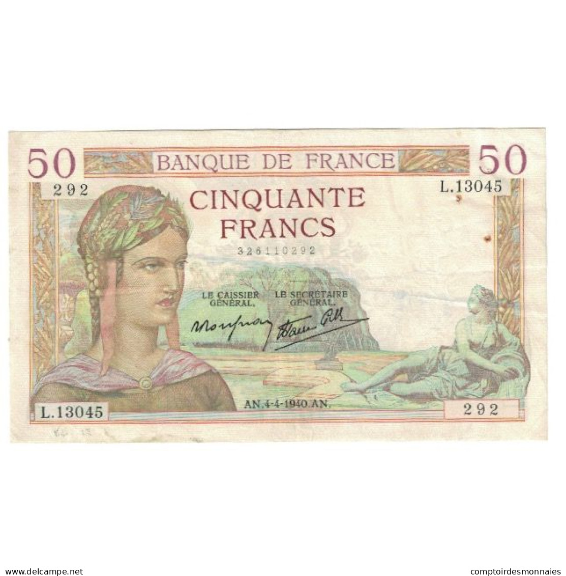 France, 50 Francs, Cérès, 1940, P. Rousseau And R. Favre-Gilly, 1940-04-04 - 50 F 1934-1940 ''Cérès''