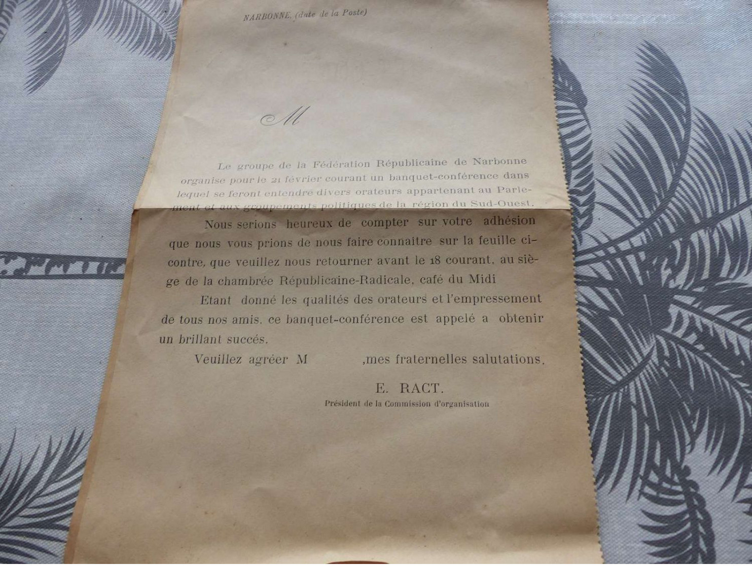 MI-58 , Fédération Républicaine Démocratique Et Indépendante, Banquet-Conférence, Narbonne, 1909 - Ohne Zuordnung