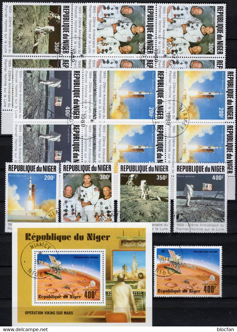 20 Years Apollo 11 Niger 1069/2,4x VB,570+Bl.16 O 34€ Weltraum-Sensation Mondlandung 1989 Astronaut USA-Flagge M/s Space - Collections
