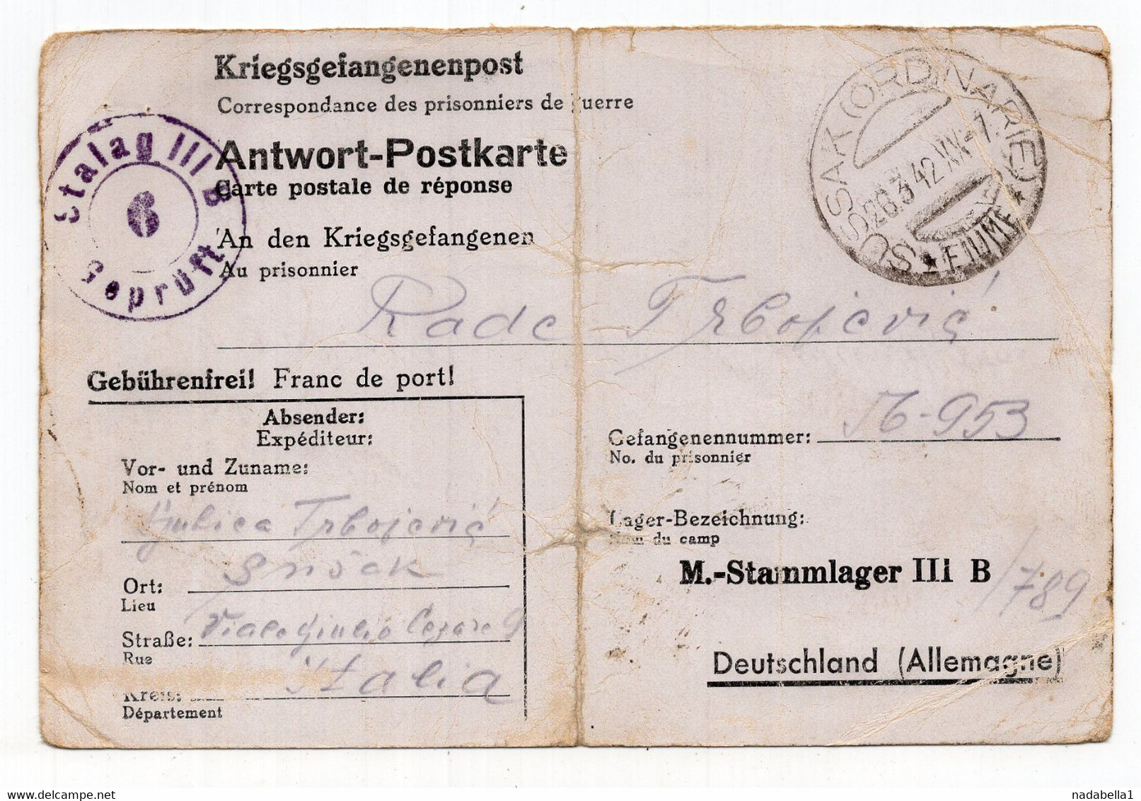 1942. ITALY, SUSAK,FIUME TO POW CAMP IIIB, GERMANY, CENSORED - Occup. Iugoslava: Fiume